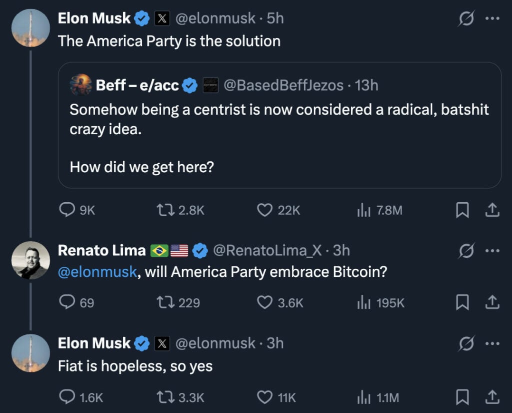 “Fiat is hopeless, so yes.” With that five-word mic-drop reply on X, Elon Musk confirmed that his freshly hatched America Party will champion Bitcoin as a core policy—because apparently rearranging the two-party furniture isn’t enough; he wants to orange-pill Capitol Hill. 